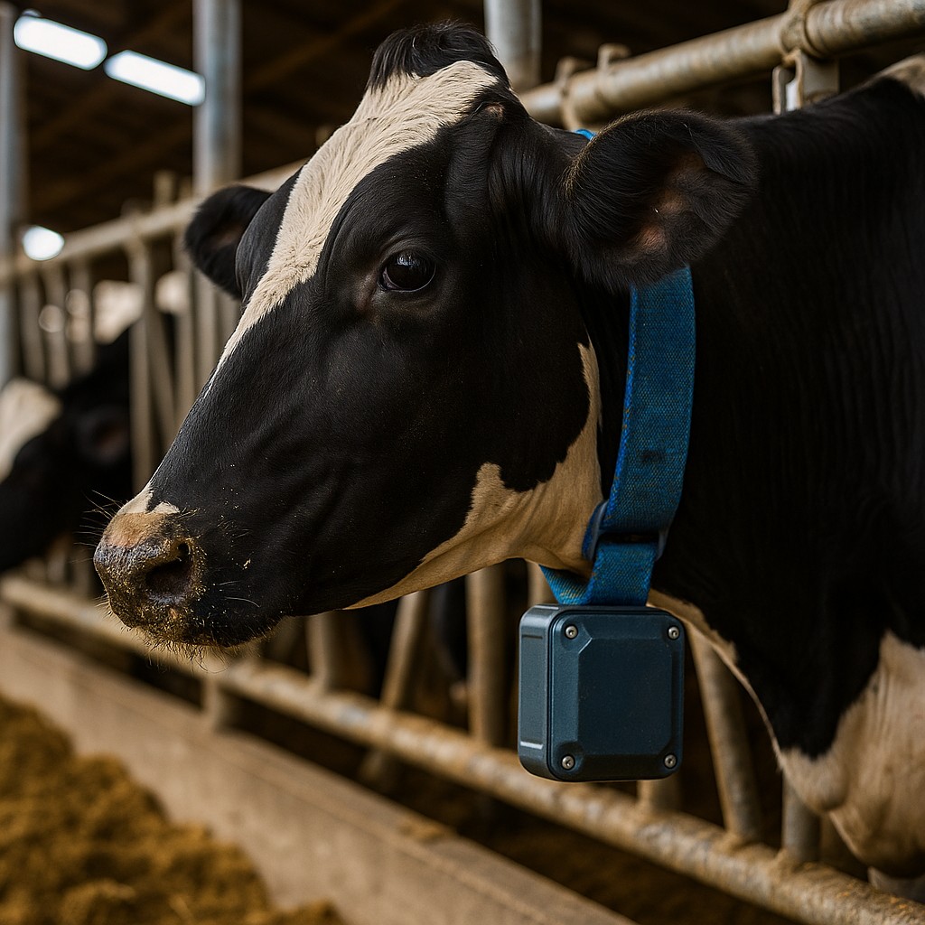 Holstein dairy cow wearing a rugged monitoring collar in a barn alley