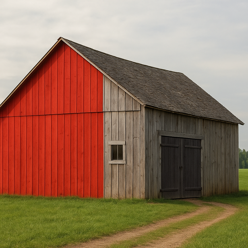 Old barn in a green field; left half painted