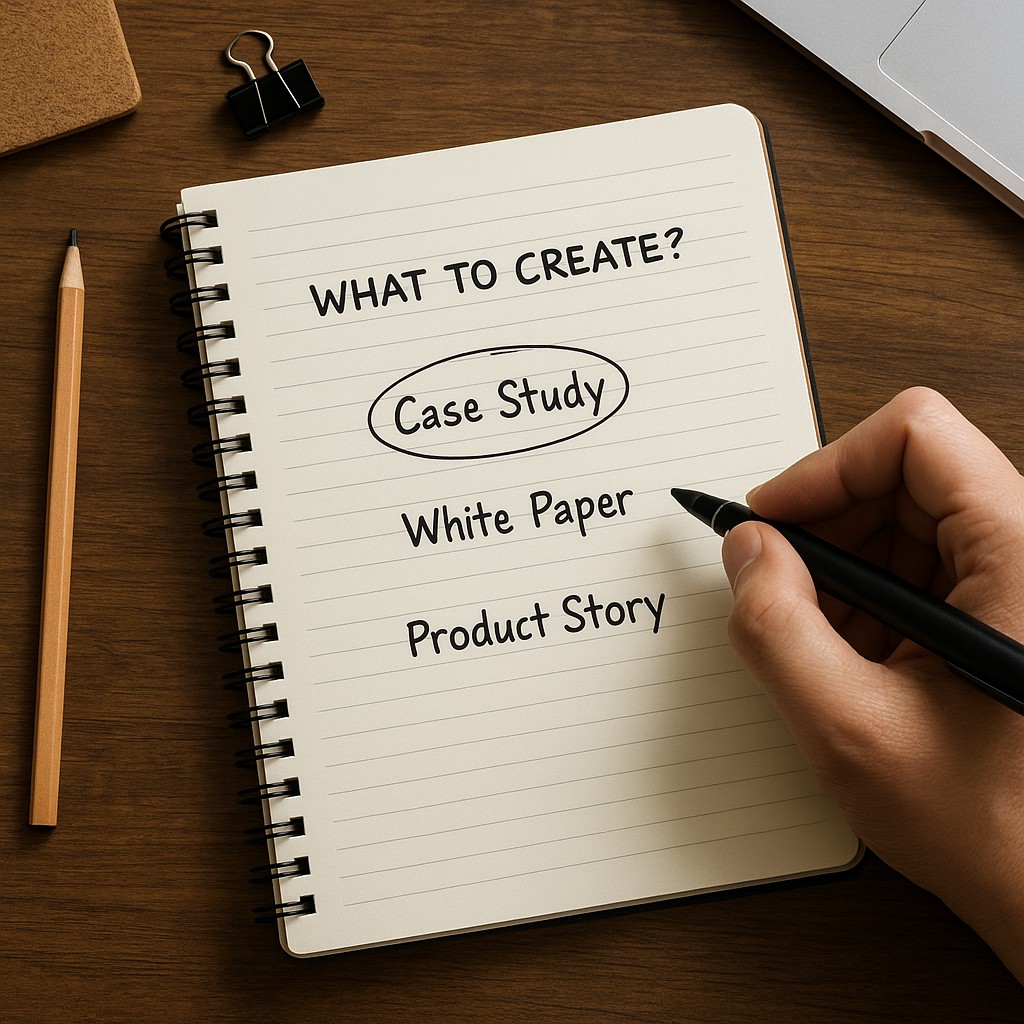 Open notebook page with 'Case Study' circled on a list of content types