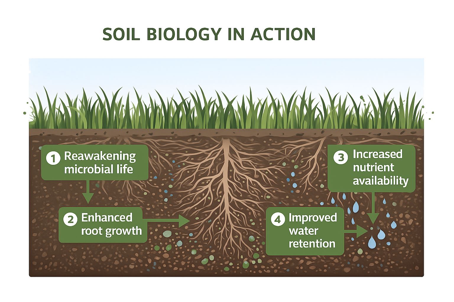 Diagram showing soil biology beneath a grazed pasture
